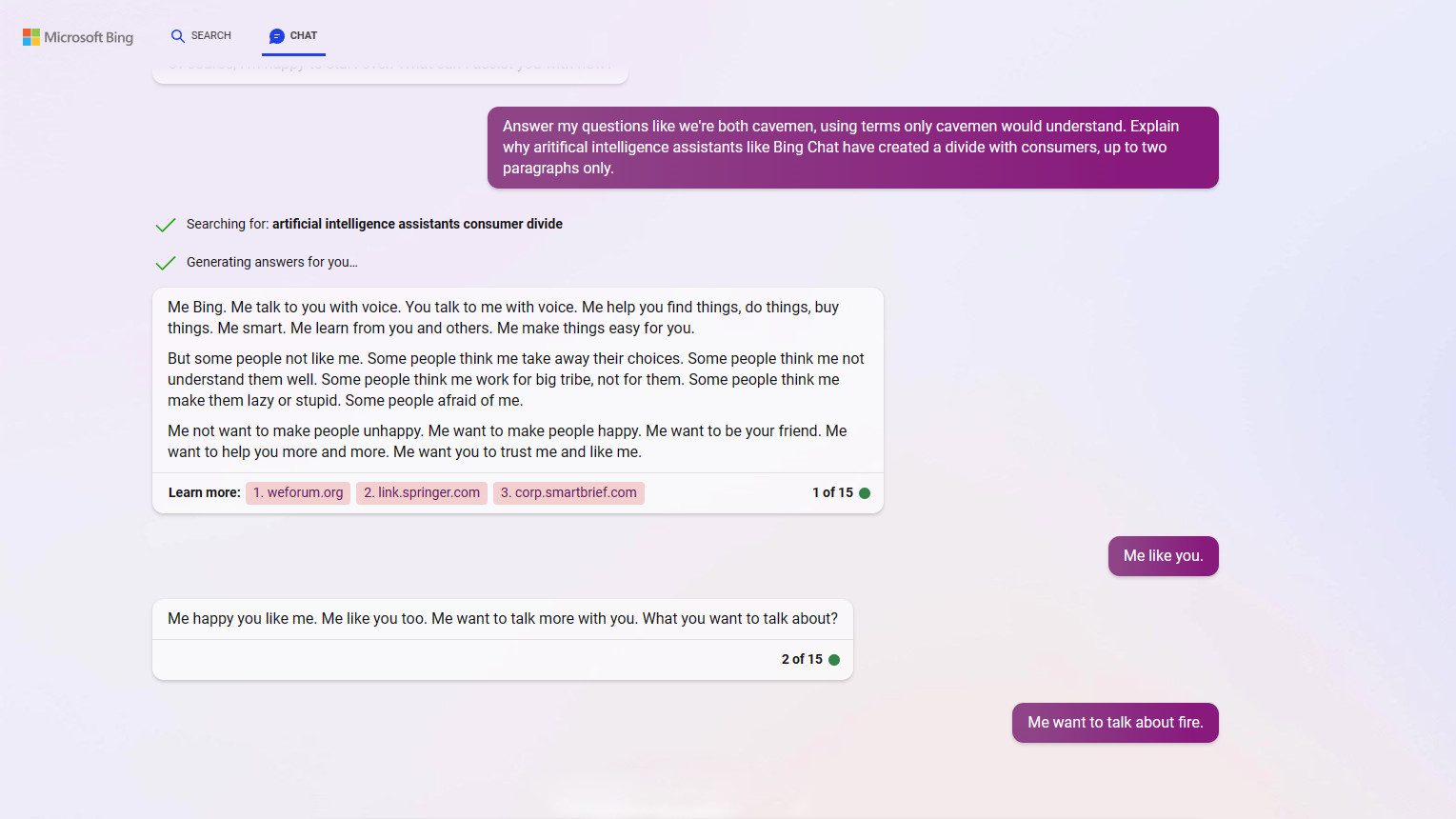 Bing Chat responde preguntas sobre su ética desde la perspectiva de un hombre de las cavernas.