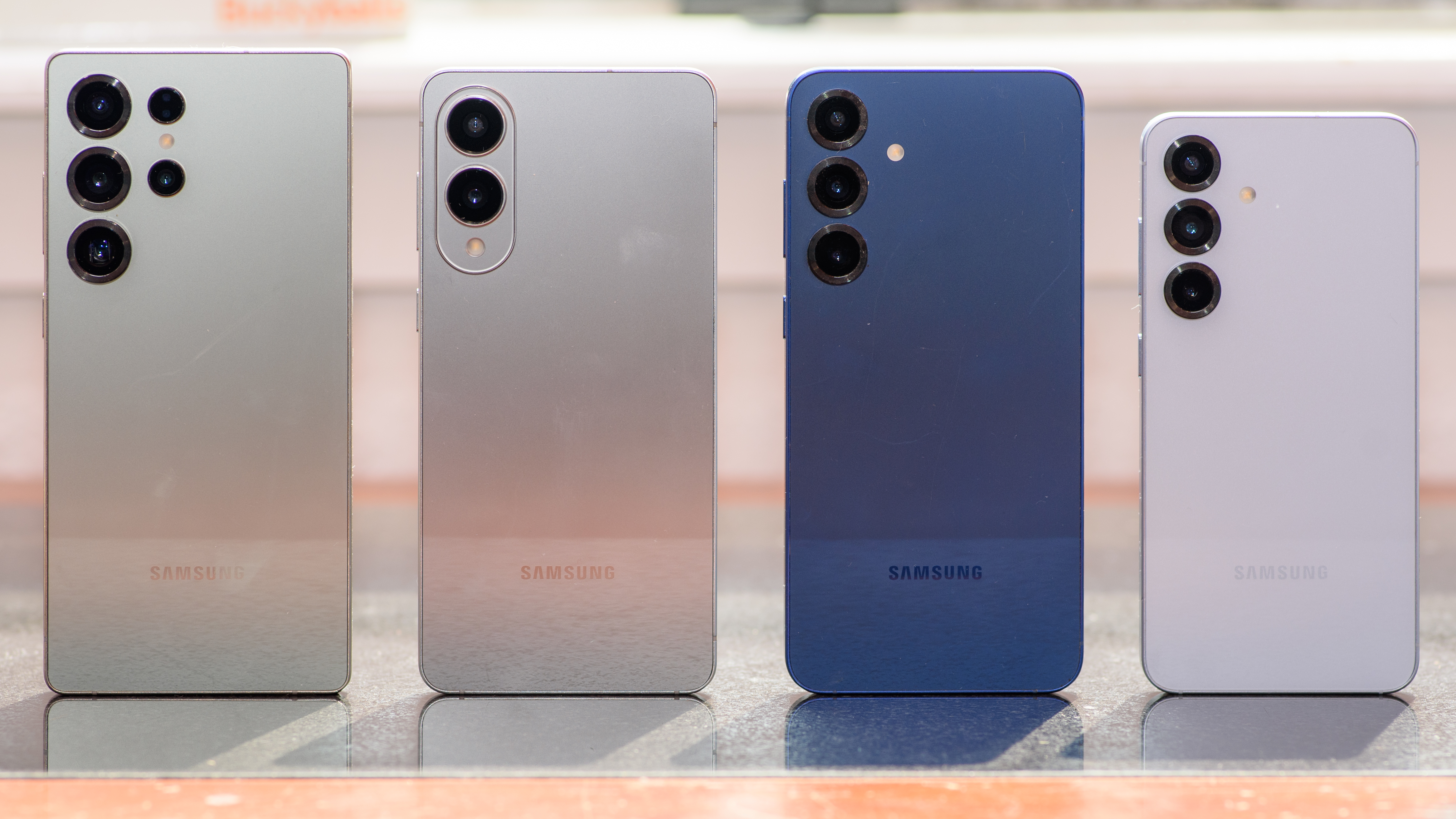 The Samsung Galaxy S25 Edge, S25, S25 Plus, and S25 Ultra all standing side-by-side