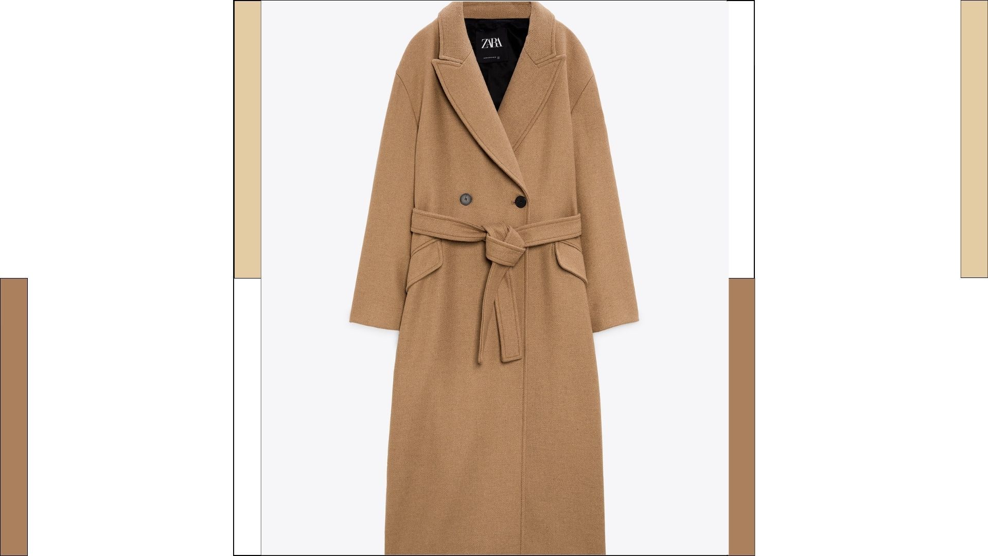 Zara BELTED DOUBLE BREASTED WOOL BLEND COAT camel brown taupe color