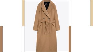 Zara BELTED DOUBLE BREASTED WOOL BLEND COAT in camel taupe brown