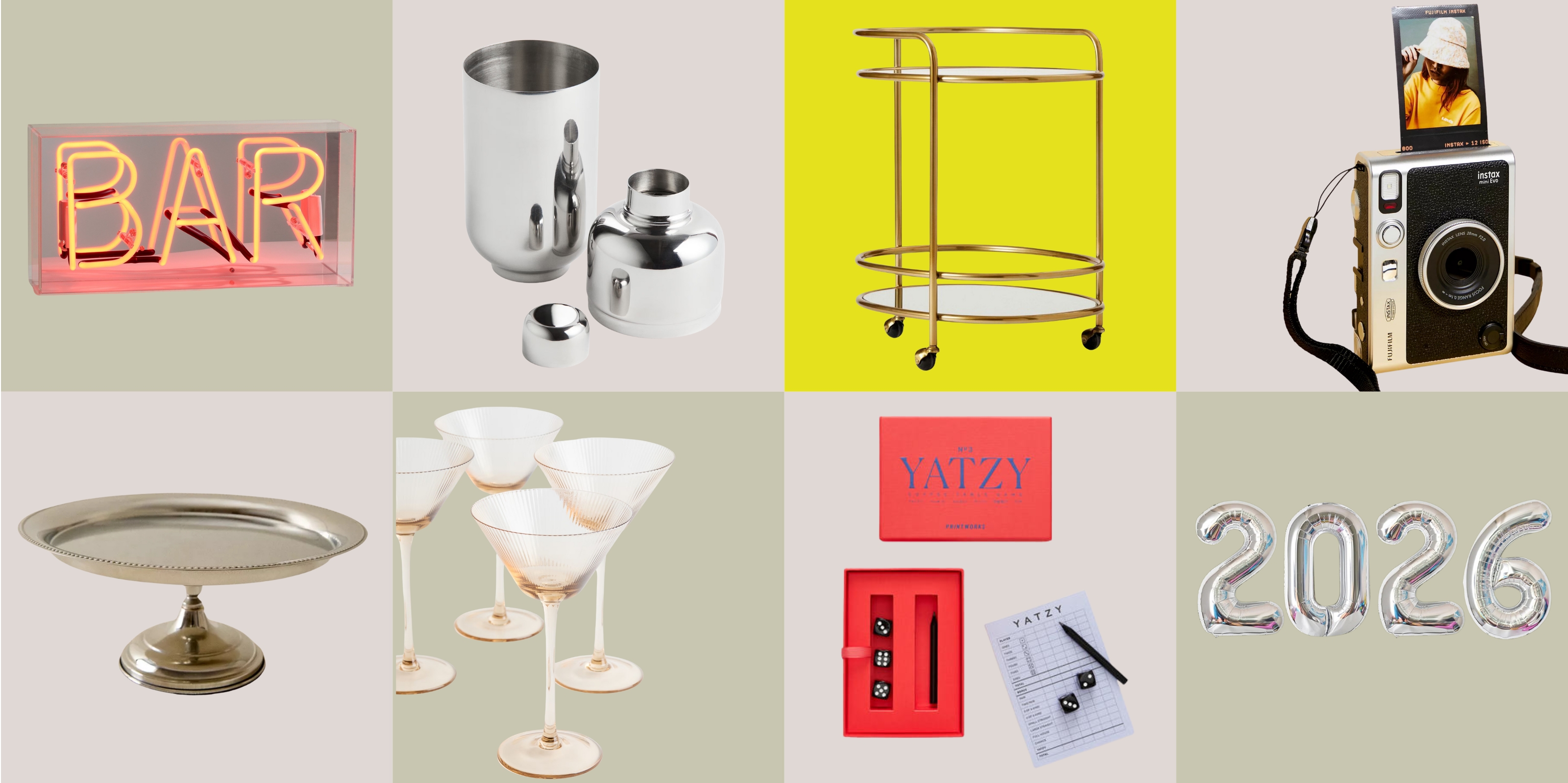 2x4 checkerboard with different New Year's Eve decorations and party supplies in each box.