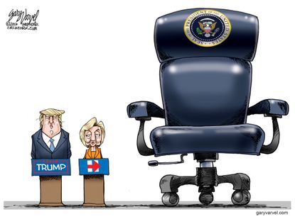 Political cartoon U.S. President big job Donald Trump Hillary Clinton not ready