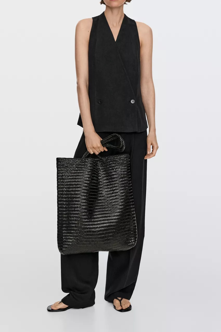 Woven leather tote in black