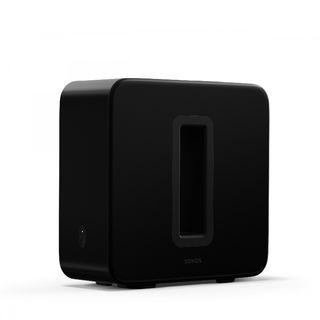 A black Sonos Sub on a white background