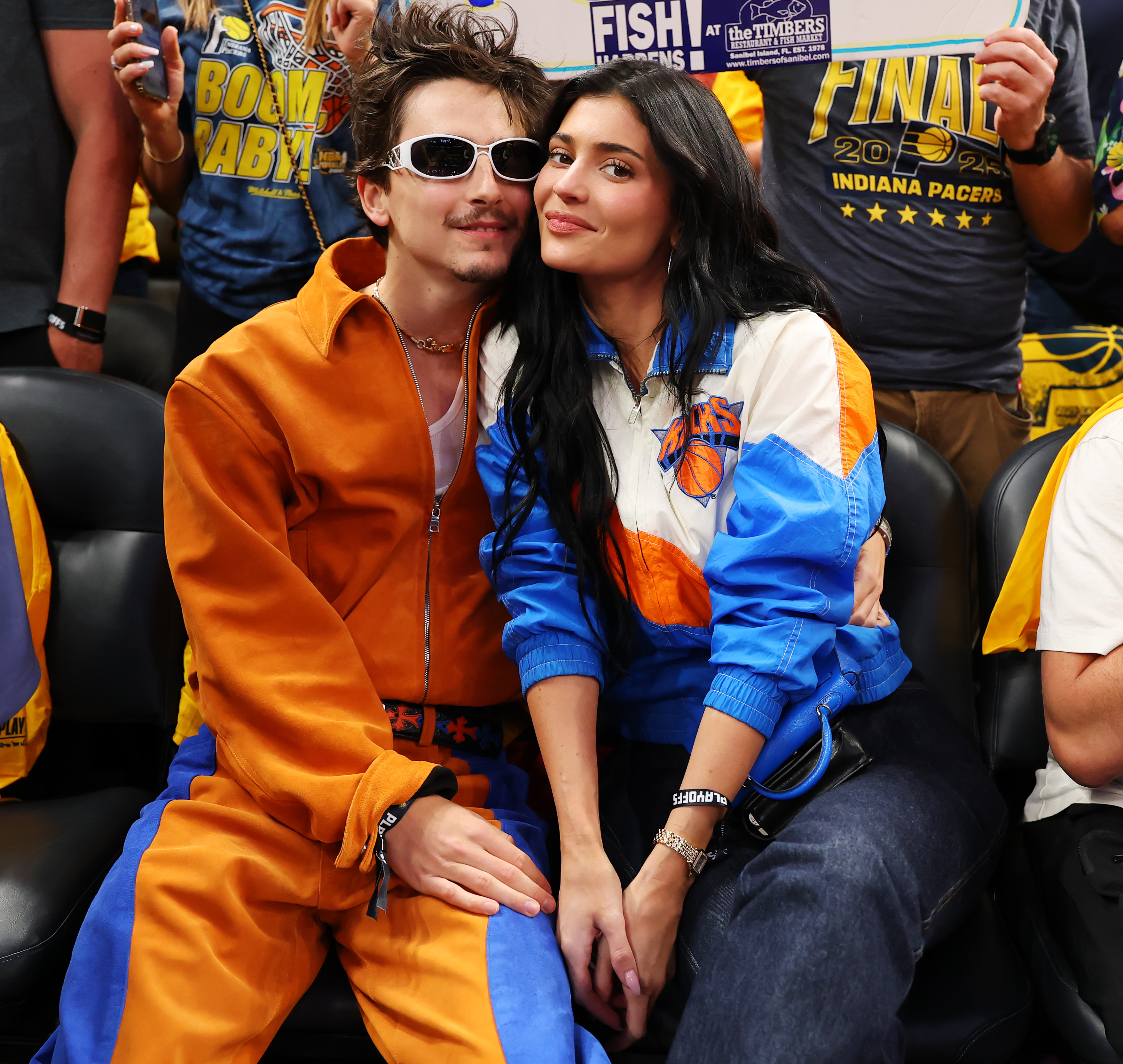 Timothée Chalamet and Kylie Jenner attend Game Six of the Eastern Conference Finals of the 2025 NBA Playoffs between the New York Knicks and the Indiana Pacers at Gainbridge Fieldhouse on May 31, 2025 in Indianapolis, Indiana.