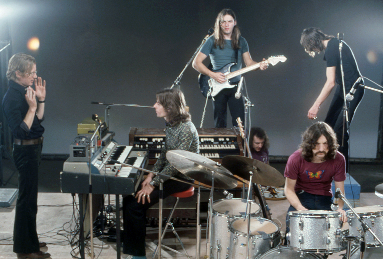 Director Adrian Maben and Pink Floyd during the filming of Live at Pompeii at Studio Europasonor in Paris, France, December 1971. (Photo by Icon and Image/Getty Images)