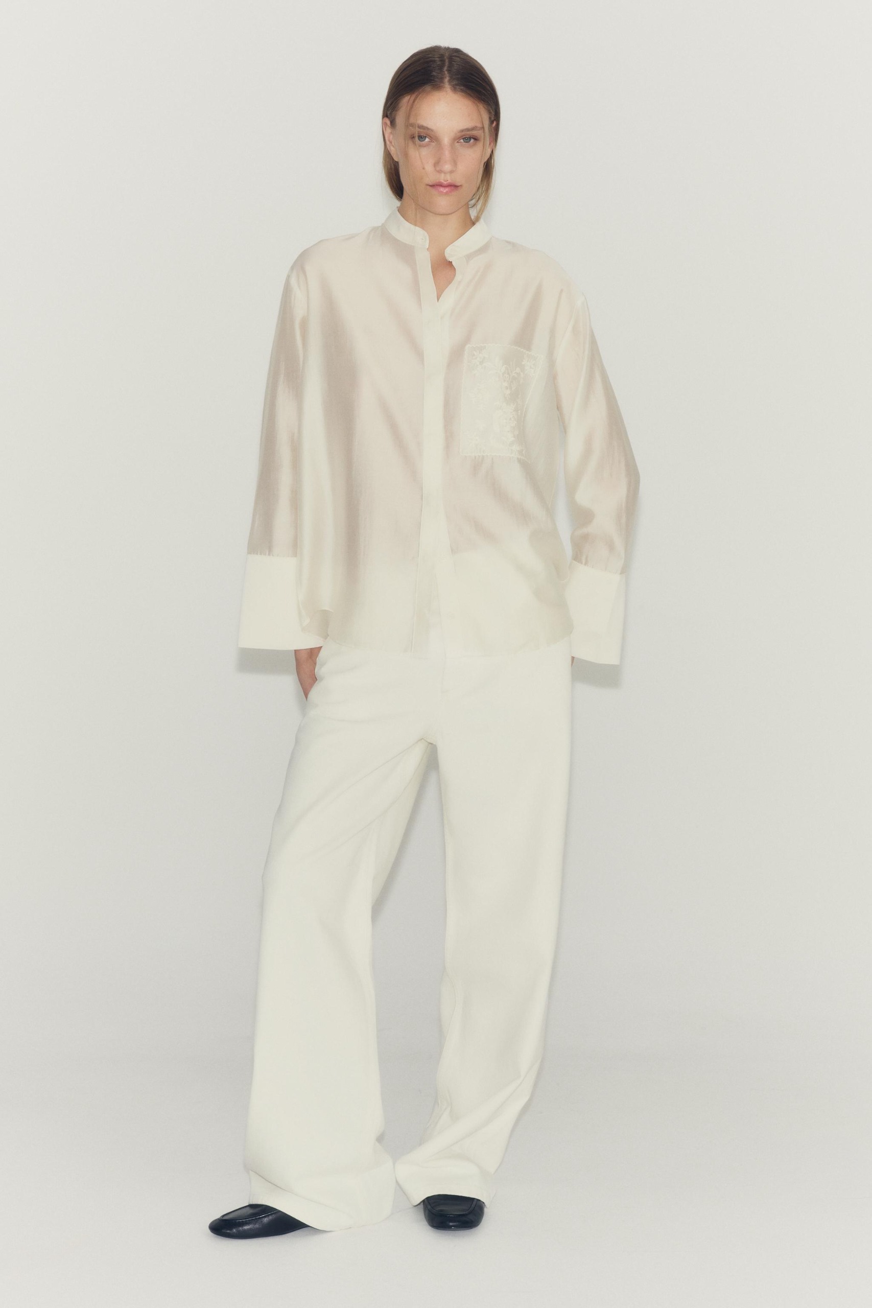 Zw Collection Embroidered Pocket Shirt - Oyster-White - Xs