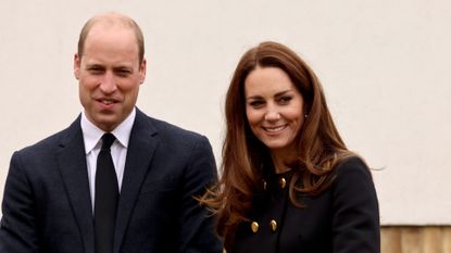 Prince William and Kate Middleton, Duchess of Cambridge, wearing black as a mark of respect following the Duke of Edinburgh’s passing, visit 282 East Ham Squadron, Air Training Corps in East London on April 21, 2021 in London, England