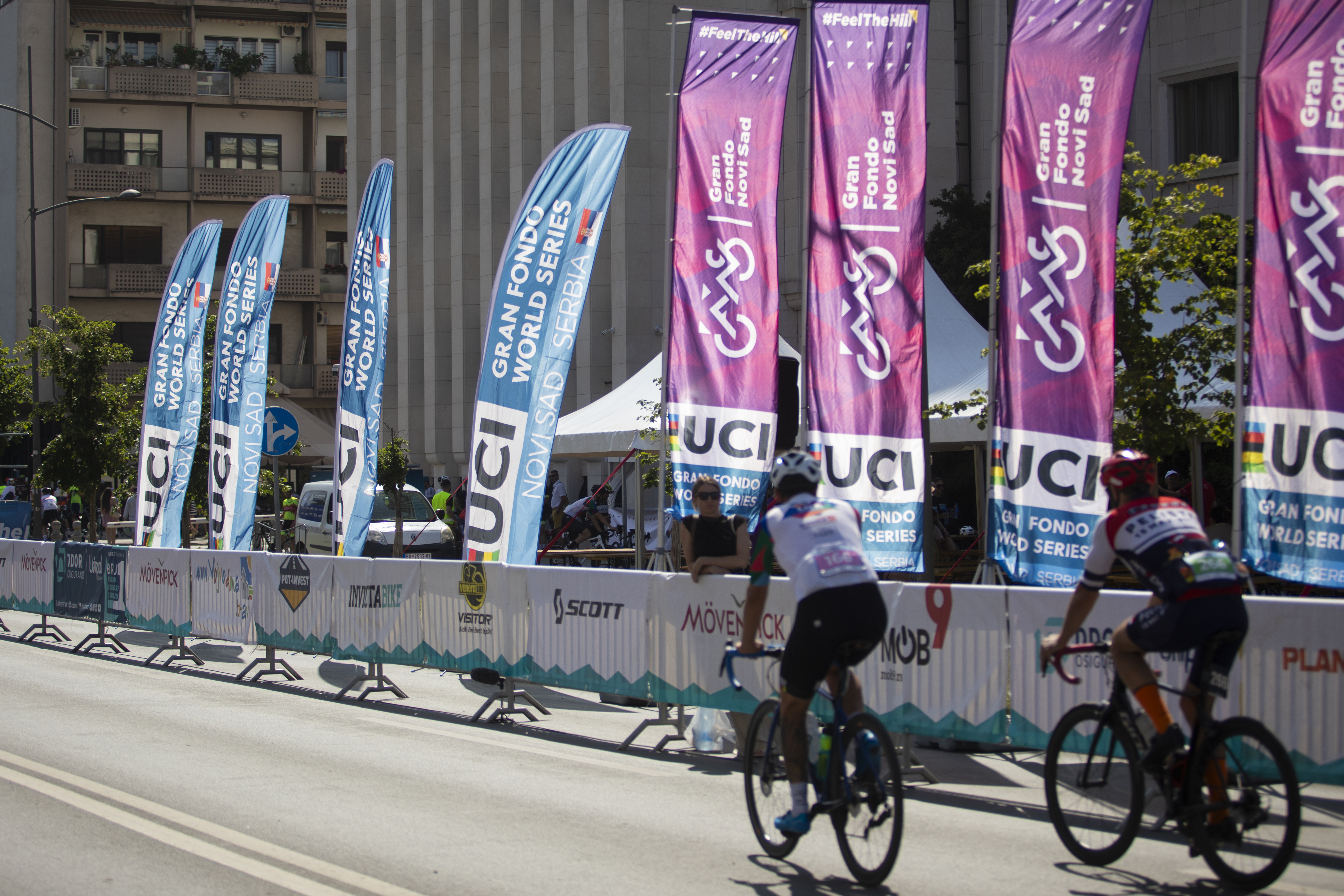 Participants warm up before the start of the cycling race on Bulevar Mihajla Pupina in Novi Sad, Serbia, on June 8, 2025. Gran Fondo Novi Sad has two race distances, both with the start and finish in Novi Sad. The longer route is 100 km with 1500 m of climbing, while the shorter 77 km course has 1200 m of climbing. (Photo by Maxim Konankov/NurPhoto)