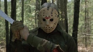 Jason holding machete and dismembered arm in Friday the 13th Part VI: Jason Lives