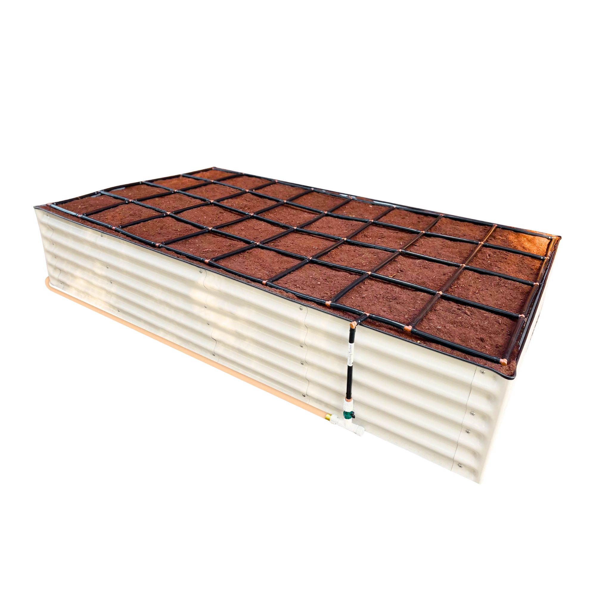 Rectangular ribbed white raised bed with irrigation grid
