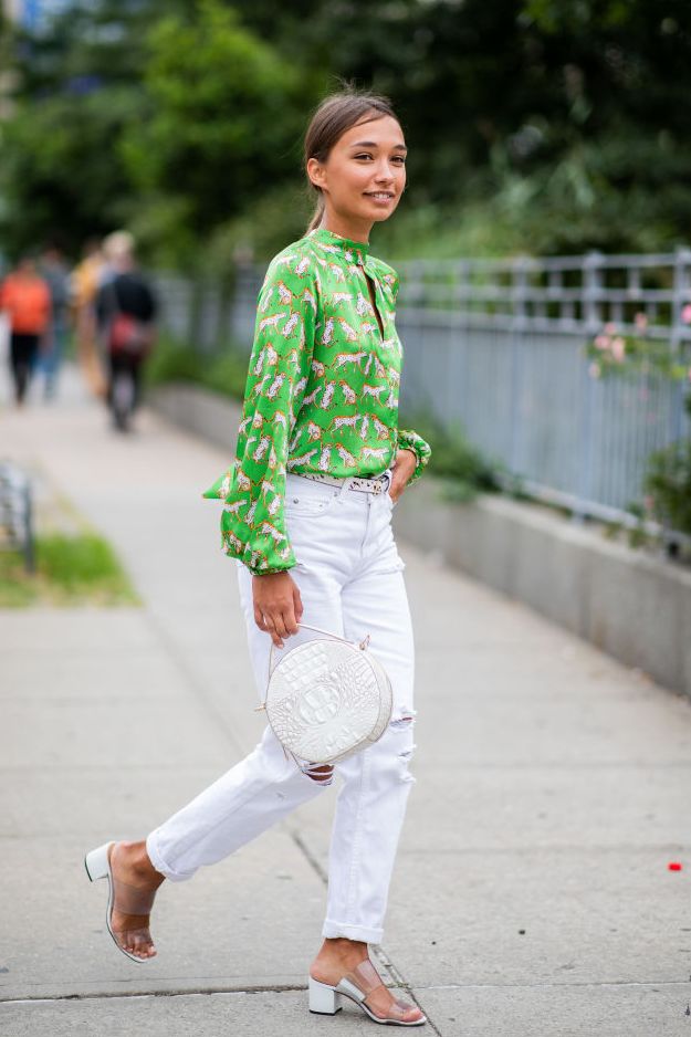 A Printed Top and White Jeans