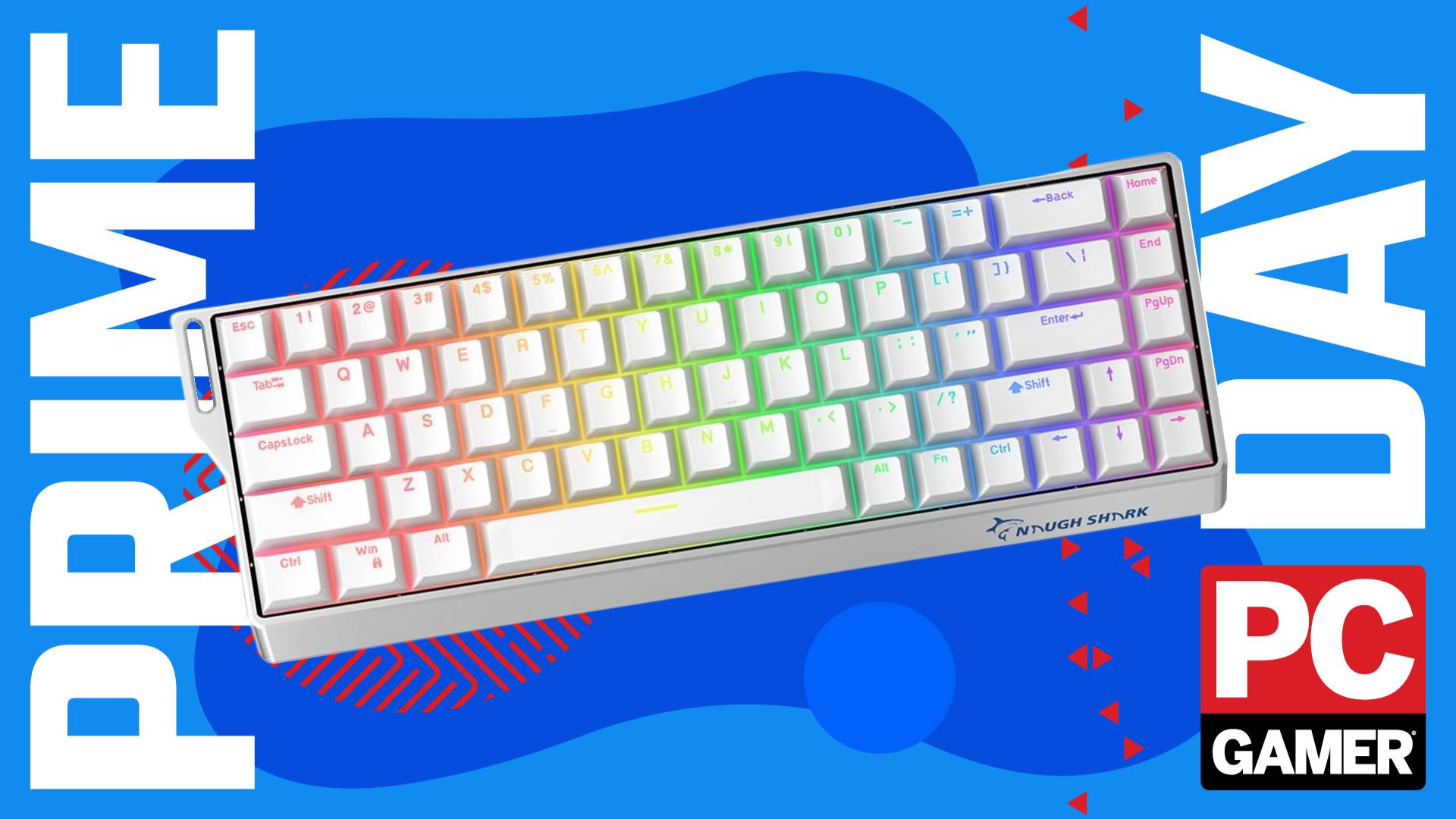 The GK GAMAKAY x NaughShark NS68 magnetic gaming keyboard in white floats in the funky PCG Prime Day deal void.