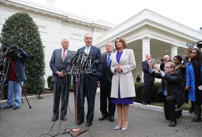 Democratic congressional leaders peak to the media outside the White House after meeting with President Trump to discuss the partial government shutdown, January 4, 2019.