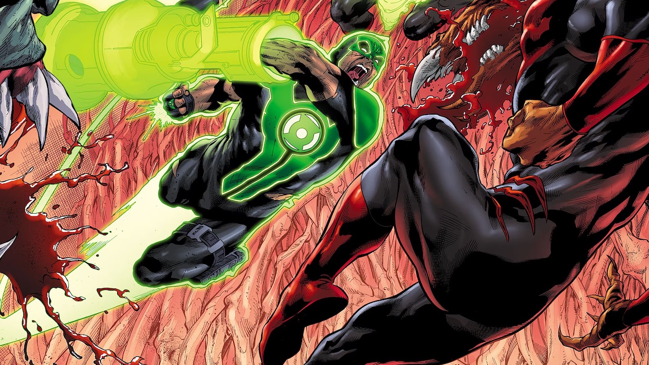 Green Lantern Simon Baz forging a ring construct and hitting an alien enemy with it
