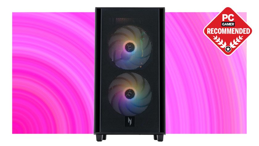 Acer gaming PC with a pink background and a PC Gamer Recommended badge