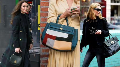 Kate Middleton, a street style image and Kate Moss, all carrying Mulberry bags 