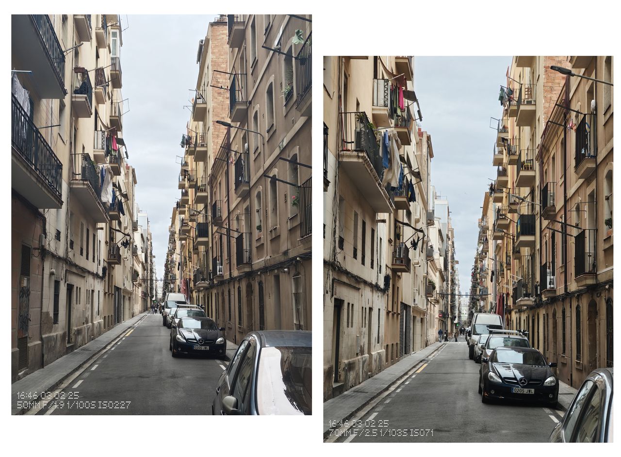 Two nearly identical photos of a street in Barcelona next to each other showing different processing