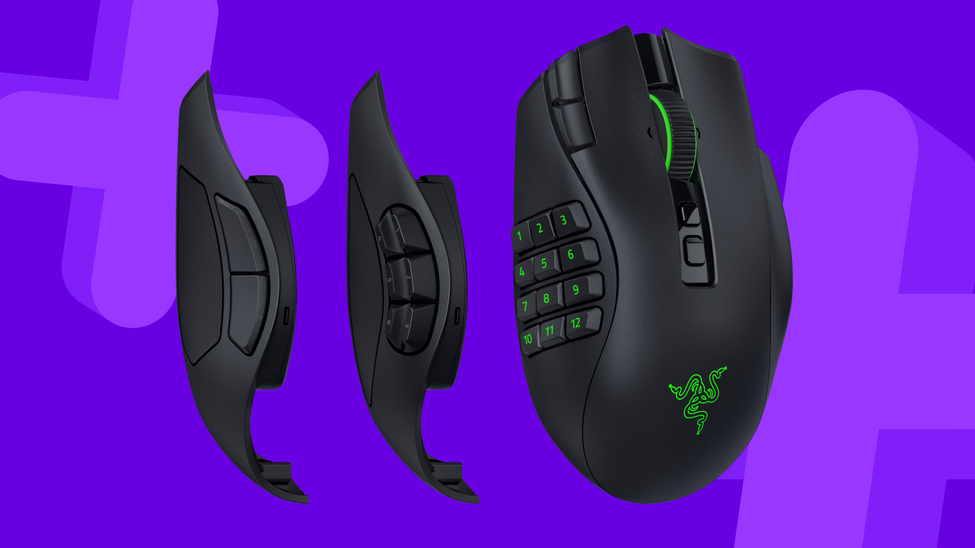 Razer Naga V3 Pro gaming mouse with side panels detached on a purple background