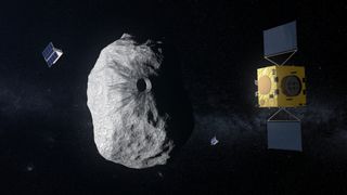 ESA's Hera mission concept, currently under study, would visit the Didymos system, which consists of a 2,550-foot-wide (780 meters) asteroid and its 525-foot (160 m) moon. Hera would study the aftermath of the impact caused by NASA's DART spacecraft on the smaller body.