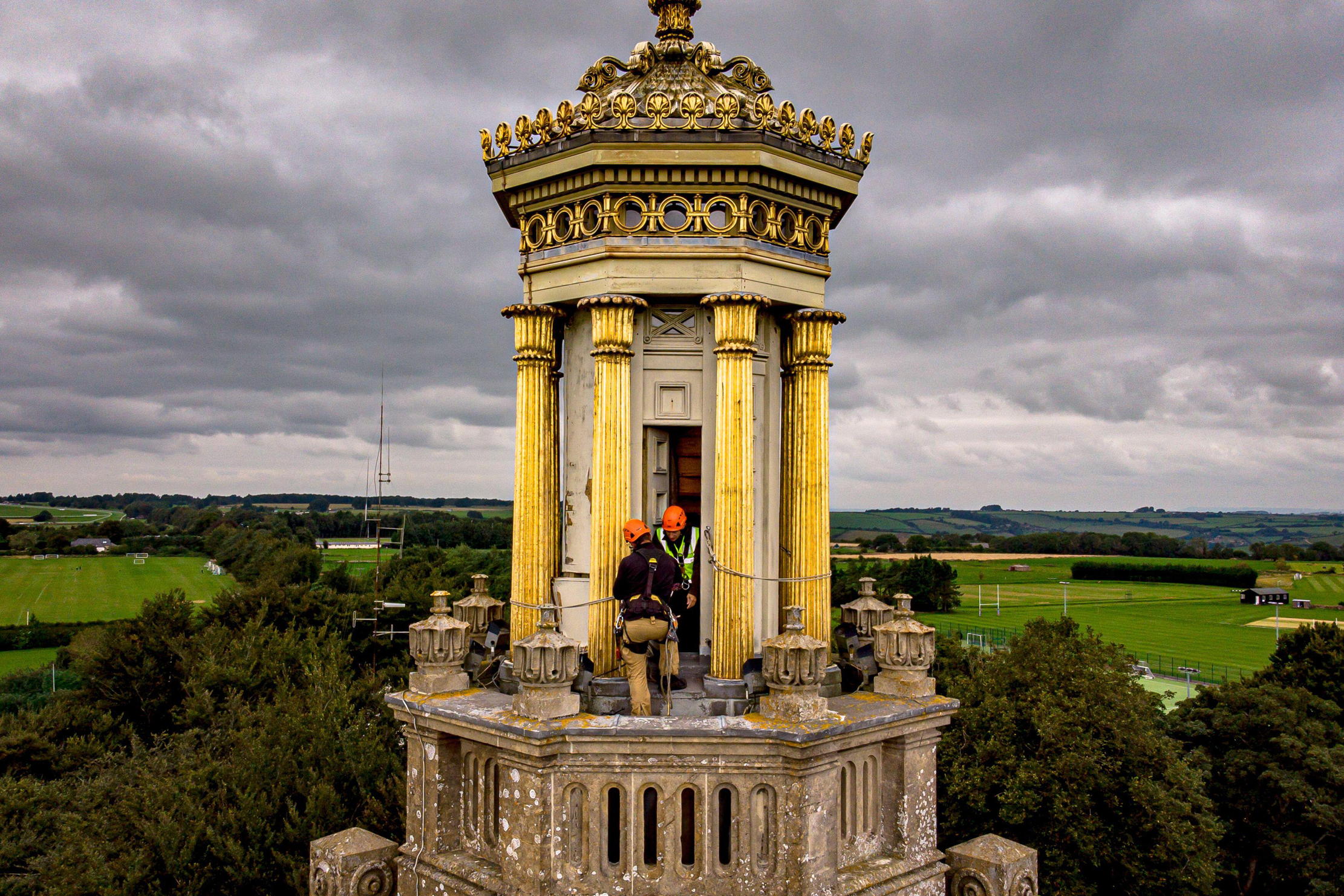 Workers inspect Beckford&#039;s Tower during the restoration project