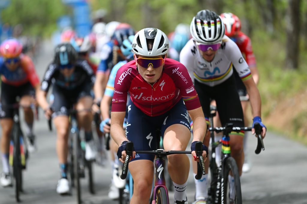 MIRADOR DE PEAS LLANAS SPAIN MAY 05 Demi Vollering of The Netherlands and Team SD Worx Pink UCI Womens WorldTour Leader Jersey leads the breakaway during the 9th La Vuelta Femenina 2023 Stage 5 a 1292km stage from La Cabrera to Mirador de Peas Llanas 1479m UCIWWT on May 05 2023 in Mirador de Peas Llanas Spain Photo by Dario BelingheriGetty Images