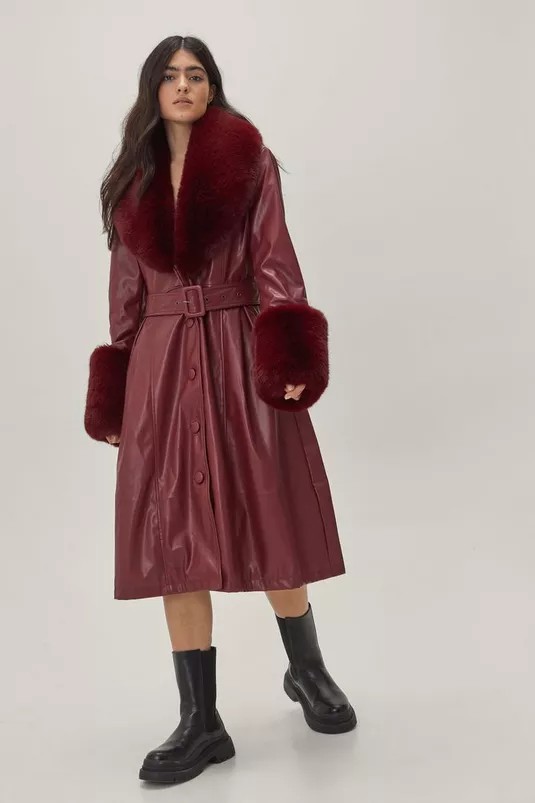 red faux leather coat