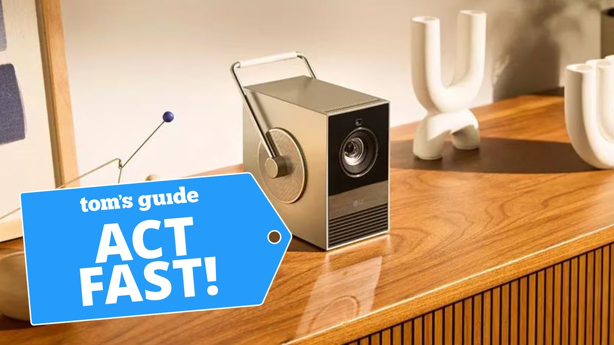 LG CineBeam Q 4K Smart Portable Laser Projector on a desk