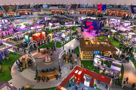 A birds-eye view of Wine Vision in Belgrade, 2025, with lots of different stands and people in view