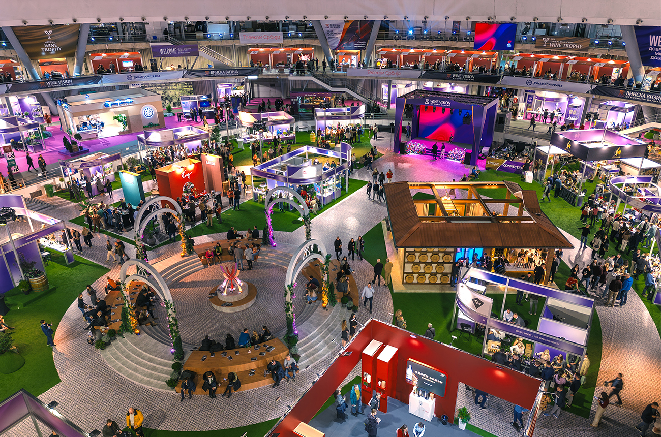 A birds-eye view of Wine Vision in Belgrade, 2025, with lots of different stands and people in view