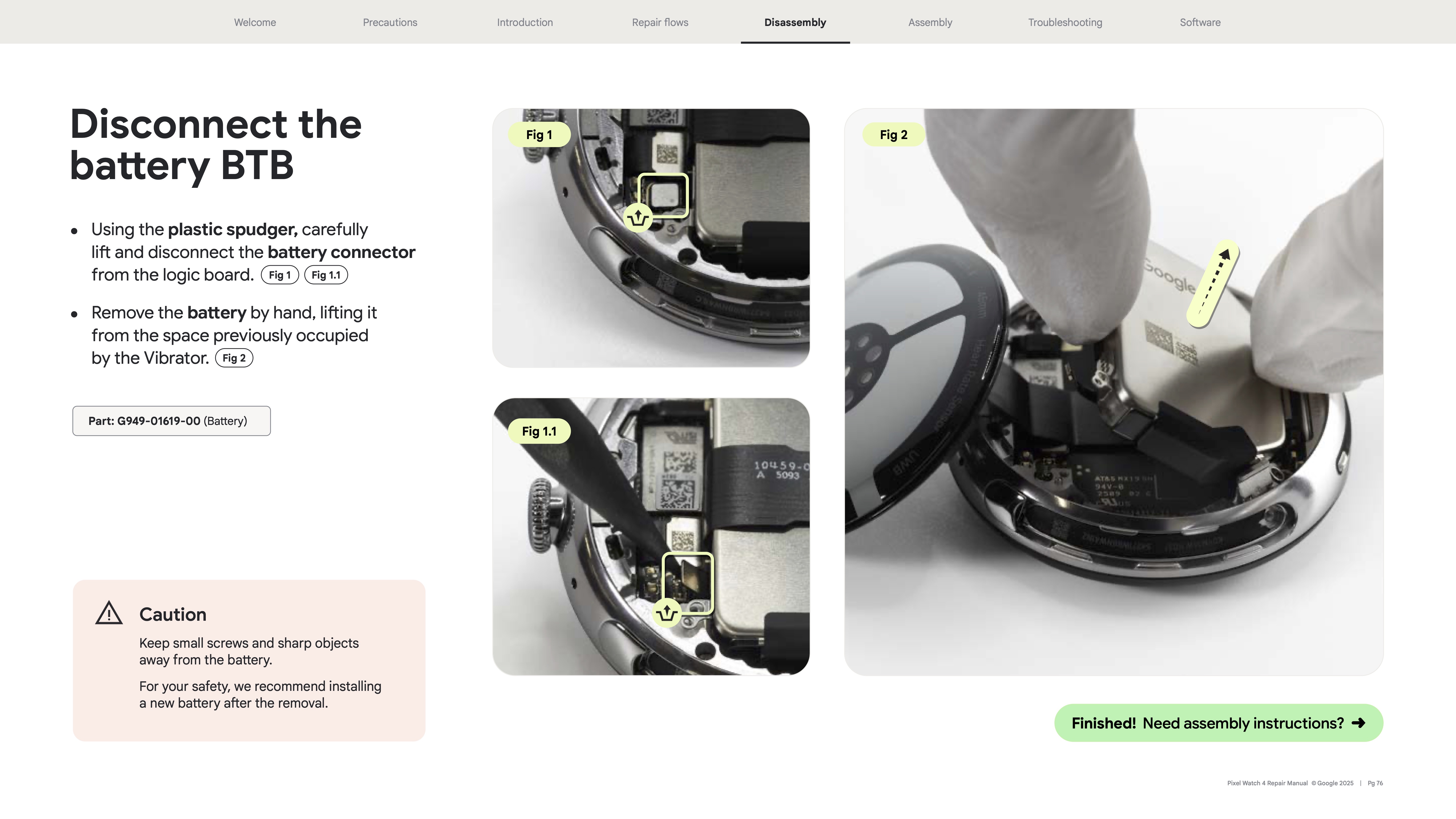 A page from the official Google Pixel Watch 4 45mm repair manual showing how to disconnect the battery BTB, with step-by-step instructions, photo diagrams, and a Caution warning.