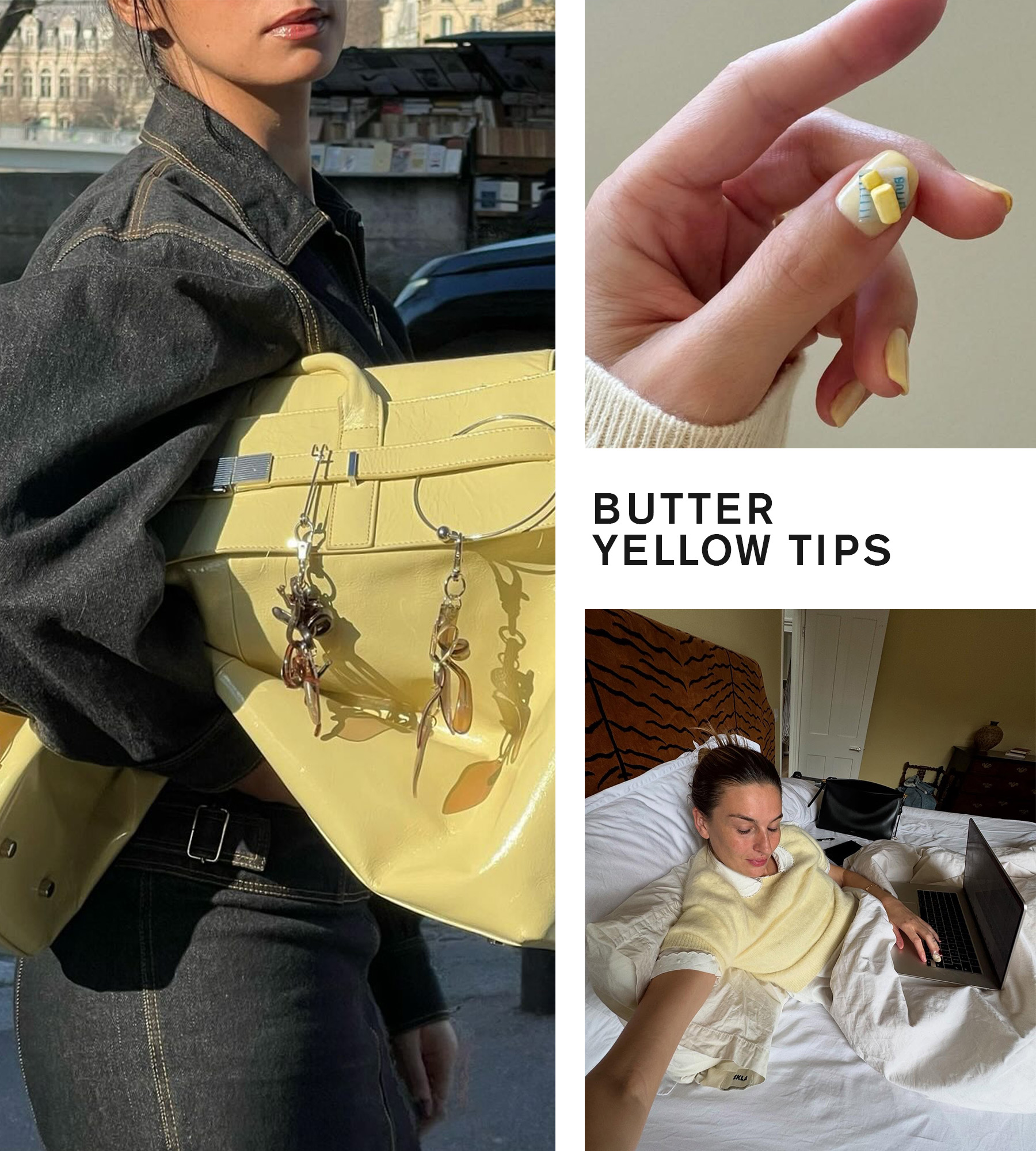 Collage of the butter yellow summer nail trend
