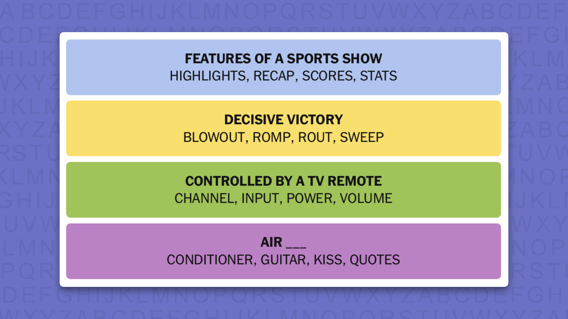 NYT Connections answers for game 1216 on a purple background