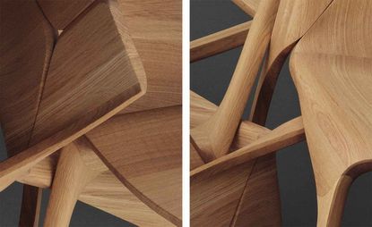 Two photographs showing abstract details of wooden chairs by Zaha Hadid Design for Karimoku