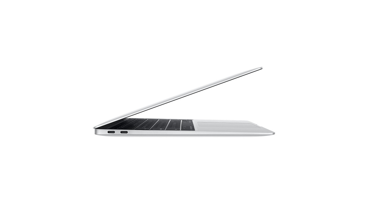 A side view of the MacBook Air partially open on a white background