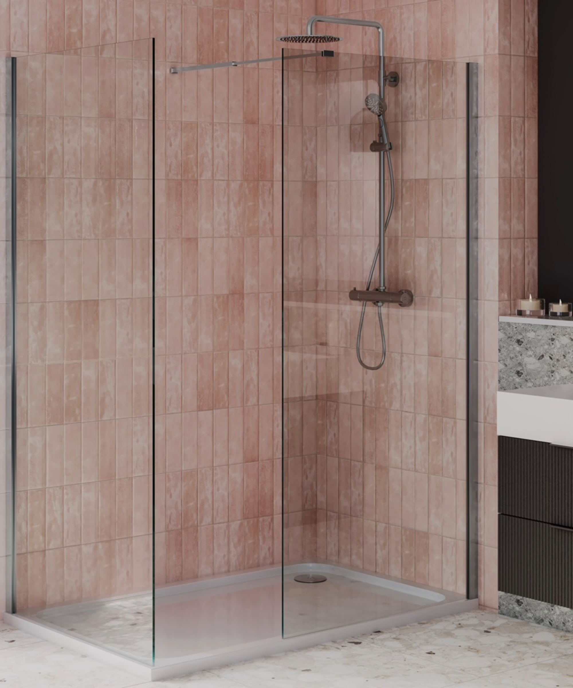 walk-in rectangular shower enclosure with pink tiles