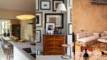 Three spaces featuring furniture pieces from 1stDibs: an open-plan kitchen and dining room, an entryway console table, and a conversation pit