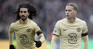 Chelsea team-mates Marc Cucurella (L) and Myhaylo Mudryk (L) in action for the Blues in the 1-1 draw against West Ham United at the London Stadium, London, on February 11 2023.