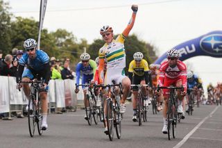 Anthony Giacoppo (Genesys Wealth Advisers) salutes as he wins Stage 3 of the Tour of Gippsland in Moe
