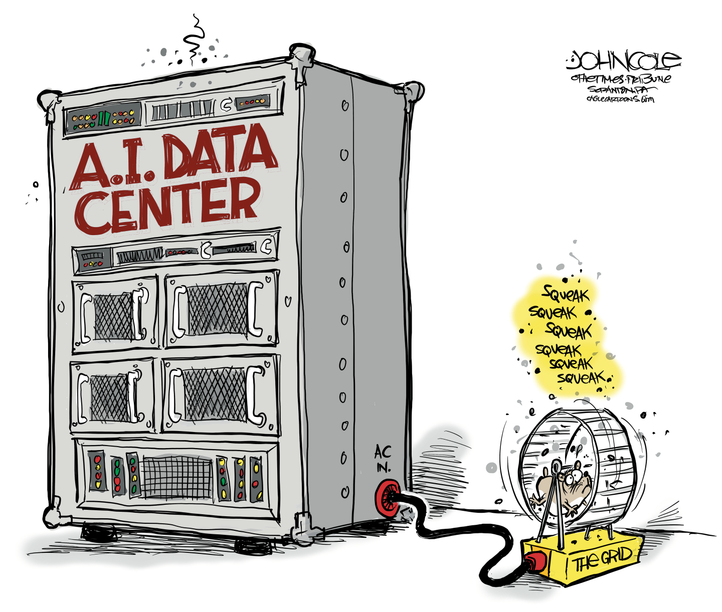 This editorial cartoon is dominated by the image of a large electronic machine labeled &amp;ldquo;A.I. Data Canter&amp;rdquo; It&amp;rsquo;s being powered by a squeaky hamster wheel labeled &amp;ldquo;The Grid.&amp;rdquo; A tired hamster spins the wheel.