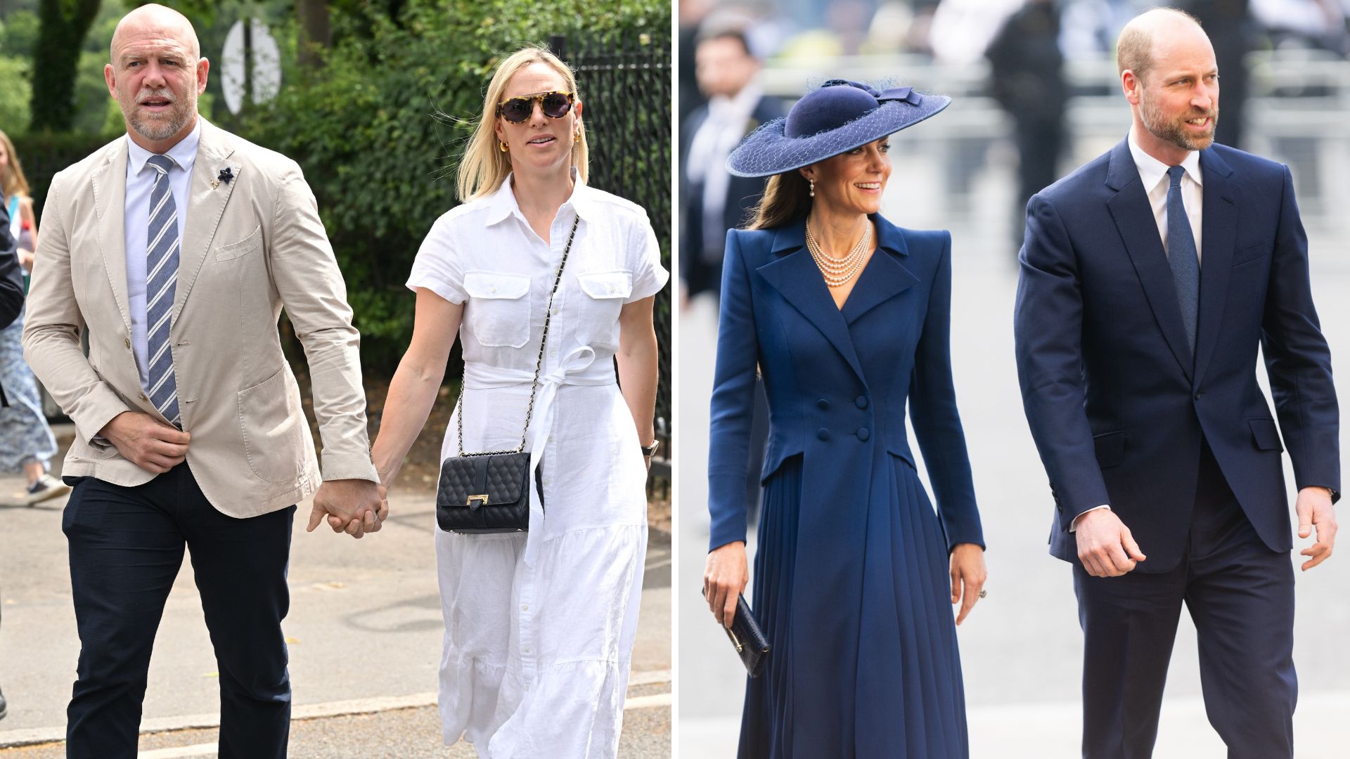 A compilation of a picture of Zara and Mike Tindall holding hands at Wimbledon and a picture of the Prince and Princess of Wales not holding hands at the 2026 Commonwealth Day Service