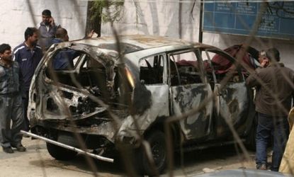 This Israeli embassy car, pictured at a New Delhi police station, was damaged in a Monday bombing that Israel is blaming on Iran.