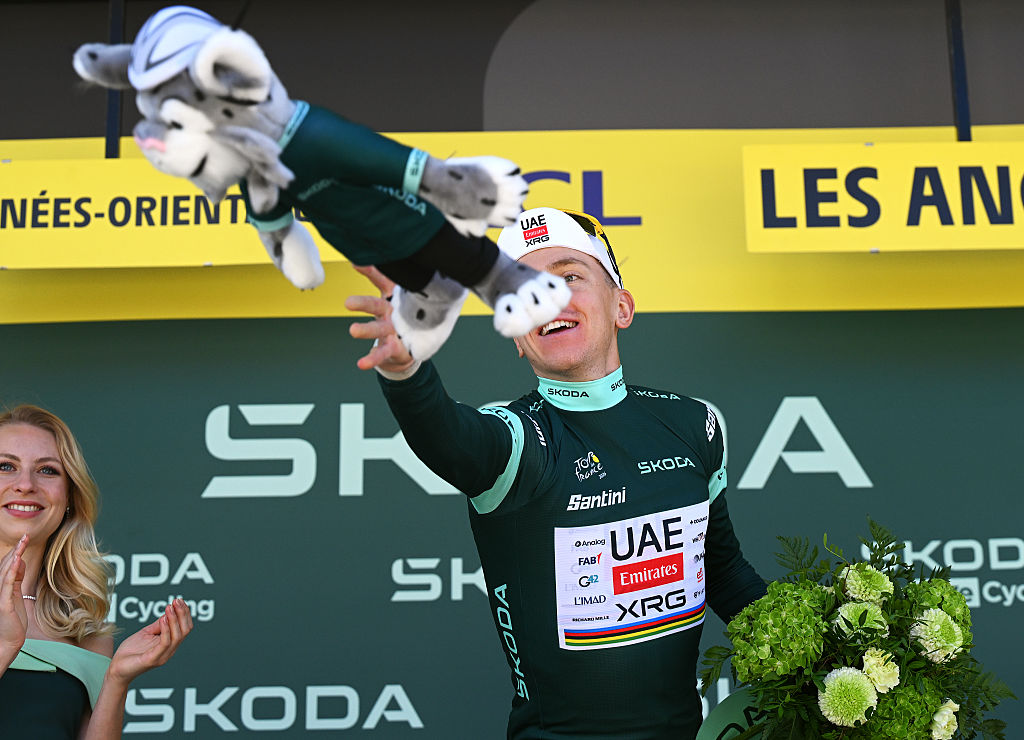 LES ANGLES, FRANCE - JULY 06: Tadej Pogacar of Slovenia and UAE Team Emirates - XRG celebrates at podium as Green Sprint Jersey winner during 113th Tour de France 2026, Stage 3 a 195.9km stage from Granollers to Les Angles 1801m / #UCIWT / on July 06, 2026 in Les Angles, France. (Photo by Dario Belingheri/Getty Images)