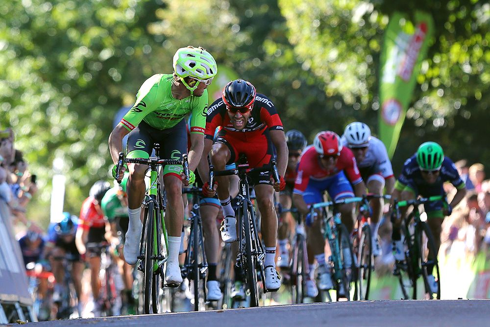 Jack Bauer checks behind as the leaders close in in the finish during stage 5 at the Tour of Britain.