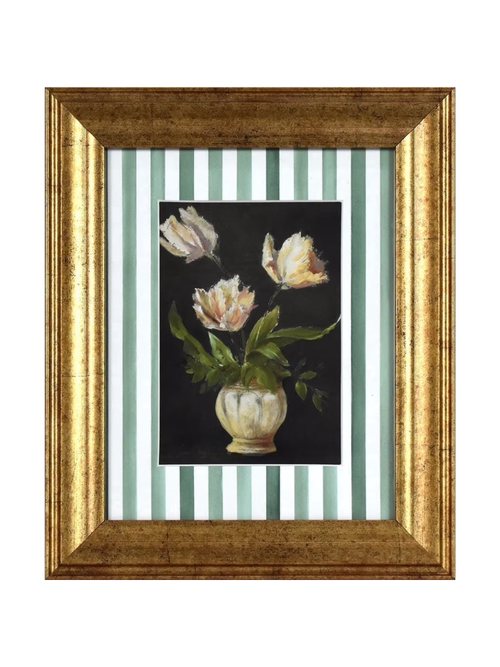 Moody Tulips With Watercolor Stripes Pine Green Vintage Antique Frame