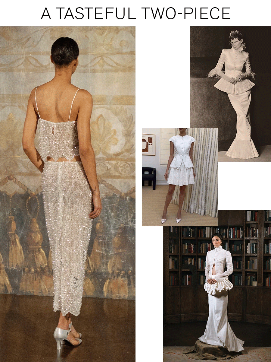 A collage of skirt sets from New York Bridal Fashion Week.
