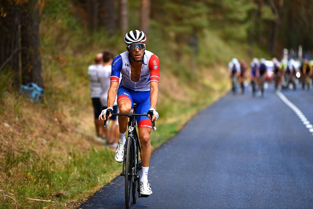NAVACERRADA SPAIN SEPTEMBER 10 Thibaut Pinot of France and Team Groupama FDJ attacks during the 77th Tour of Spain 2022 Stage 20 a 181km stage from Moralzarzal to Puerto de Navacerrada 1851m LaVuelta22 WorldTour on September 10 2022 in Puerto de Navacerrada Spain Photo by Tim de WaeleGetty Images