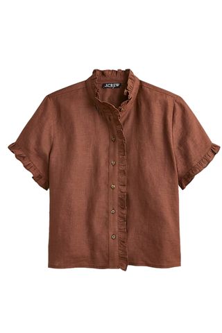 Ruffle-Trim Button-Up Shirt in Linen