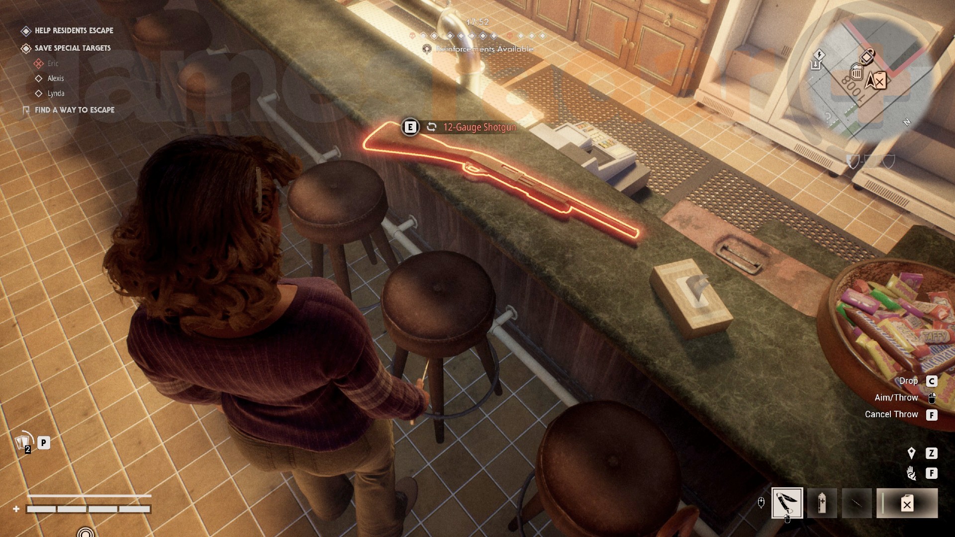 Tanya looks upon a shotgun in Halloween the Game.