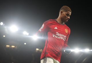 Marcus Rashford of Manchester United in action during the Premier League match between Manchester United and Tottenham Hotspur at Old Trafford on January 14, 2024 in Manchester, England.
